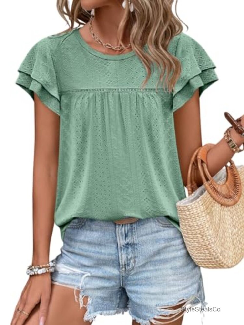 Womens Eyelet Ruffle Sleeve Babydoll Blouse Crewneck Summer Top